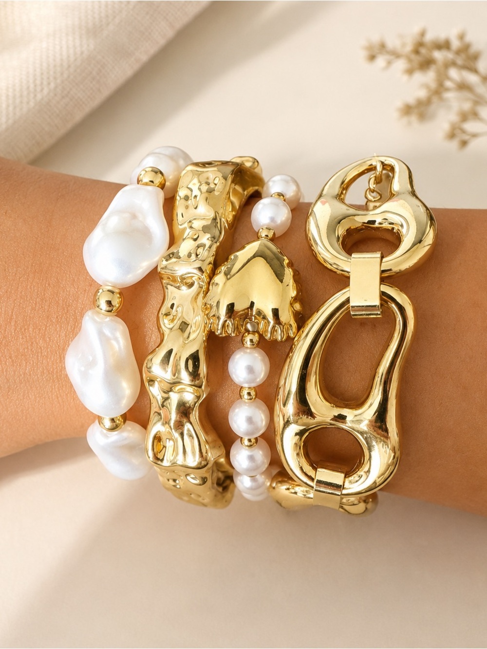 Gold and Pearl Multi-Strand Bracelet Set